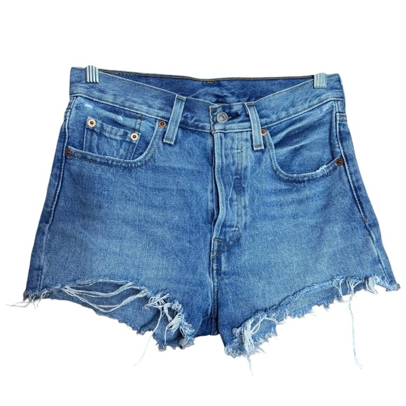 Levi’s Distressed Raw Hem Button Fly High Waist Medium Wash Denim Jean Shorts 25 - Picture 1 of 10